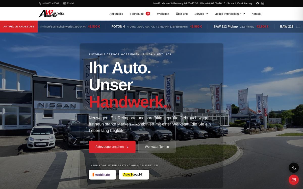 Startseite der Website Autohaus Worringen